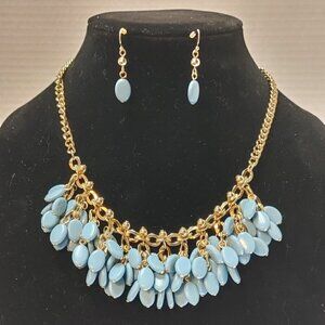 GoldTone Round Chain Teal Blue Teardrop Bib Statement Necklace | Earrings - 18”